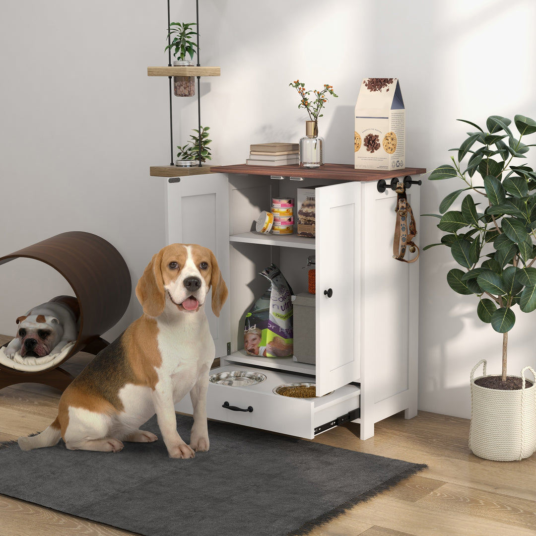 Pet Feeding Station with Raised Dog Bowls, Adjustable Panel, Hooks, White