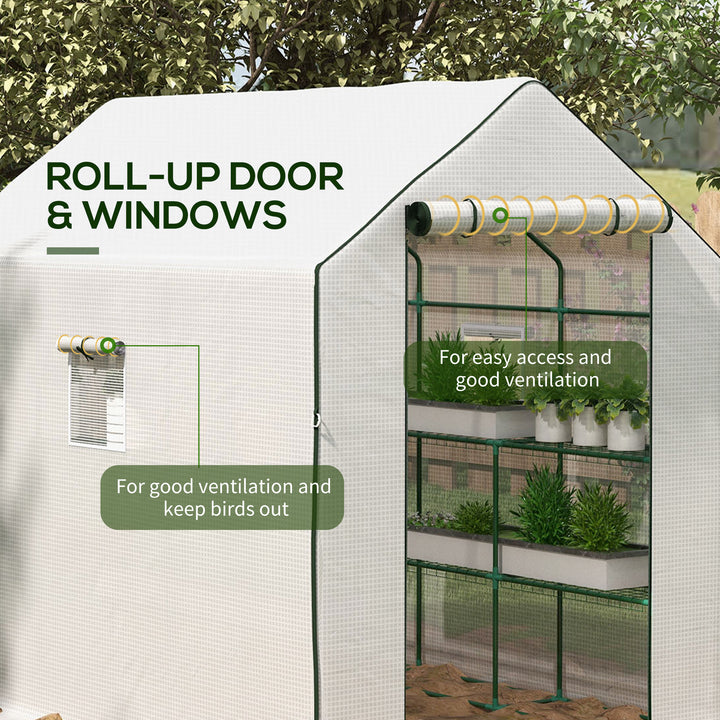 Walk-in Greenhouse with 3 Tier 12 Shelves, Small Greenhouse with Reinforced PE Cover, Garden Plant Growhouse with Roll-up Door and Three Mesh Windows, 140 x 213 x 190 cm, White