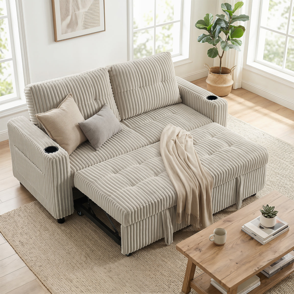 Corduroy Click Clack Sleeper Sofa with Pull Out Design, 2 Seater Sofa 