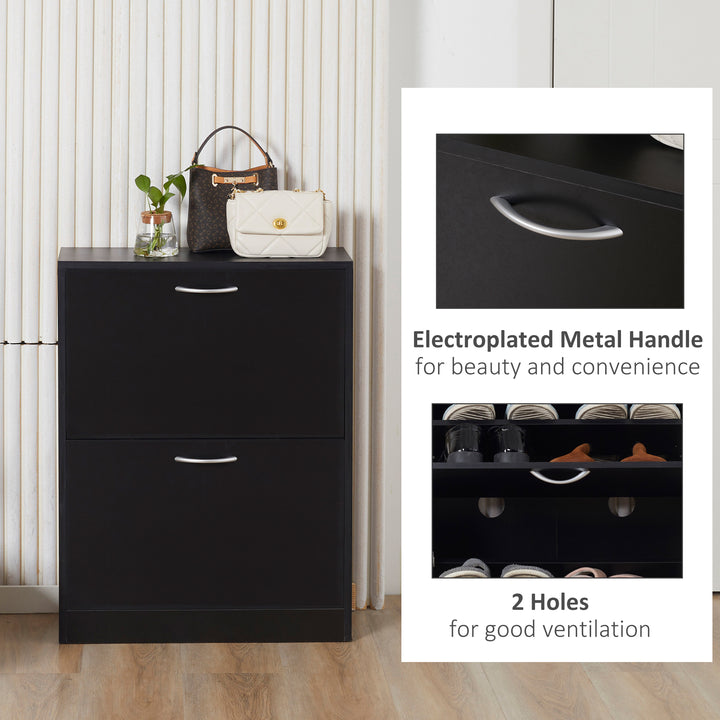 2 Drawer Shoe Cabinet, Narrow Shoe Storage Cabinet with Flip Doors and Adjustable Shelves, Slim Shoe Cupboard for 12 Pairs of Shoes for Entryway, Hallway, Black