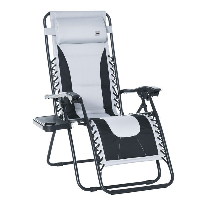 MCL Zero Gravity Lounger Chair, Folding Reclining Patio Chair with Padded Seat, Cup Holder, Soft Cushion and Headrest for Poolside, Camping, Light Grey