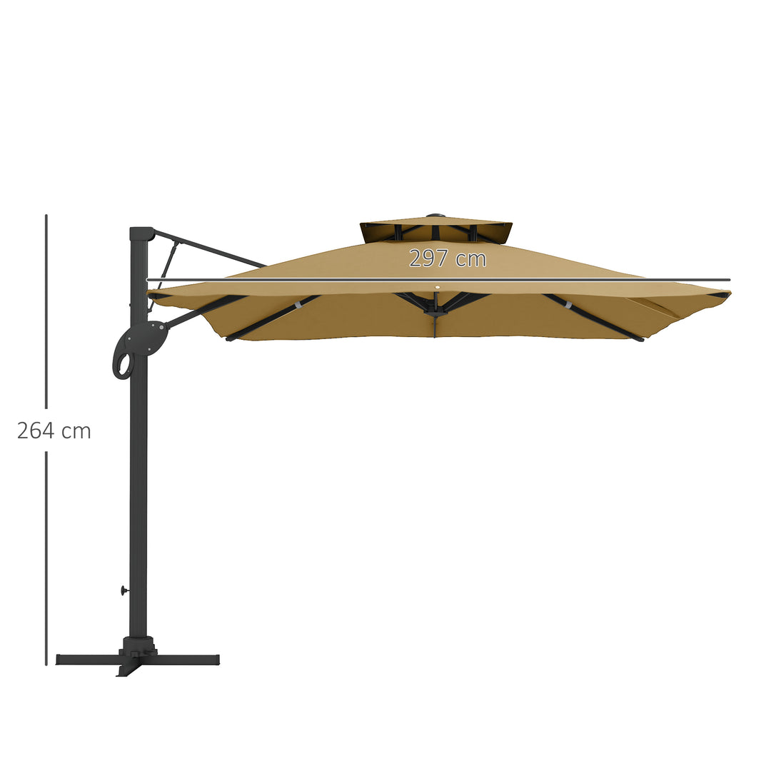 Garden Parasol, 3(m) Cantilever Parasol with Hydraulic Mechanism, Dual Vented Top, 8 Ribs, Cross Base, Khaki