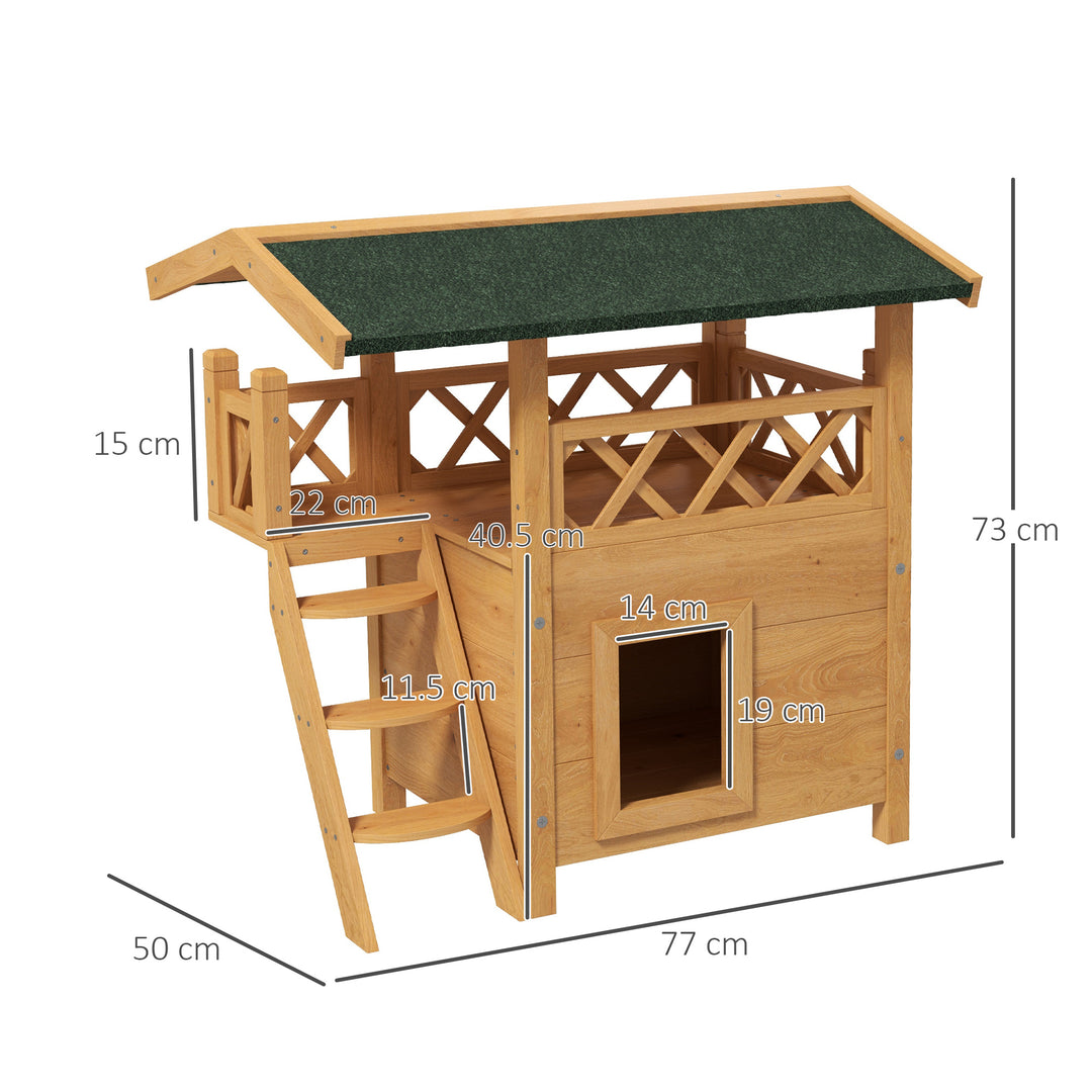 PawHut Cat House Outdoor w/ Balcony Stairs Roof, 77 x 50 x 73 cm, Natural