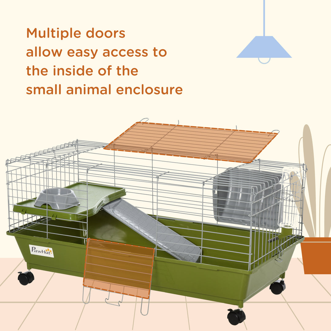 PawHut Small Animal Cage, 35" Chinchilla Guinea Pig Hutch, Includes Platform, Ramp, Dish, Wheels, Water Bottle | Aosom UK