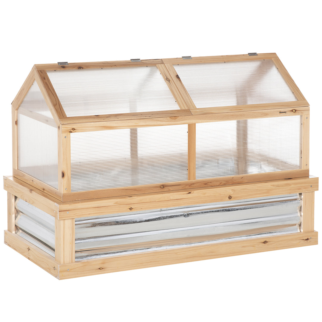 Raised Garden Bed with Greenhouse Top, Garden Wooden Cold Frame Greenhouse Flower Planter Protection with 2 Independent Roofs, 122x 61 x 82cm, Natural