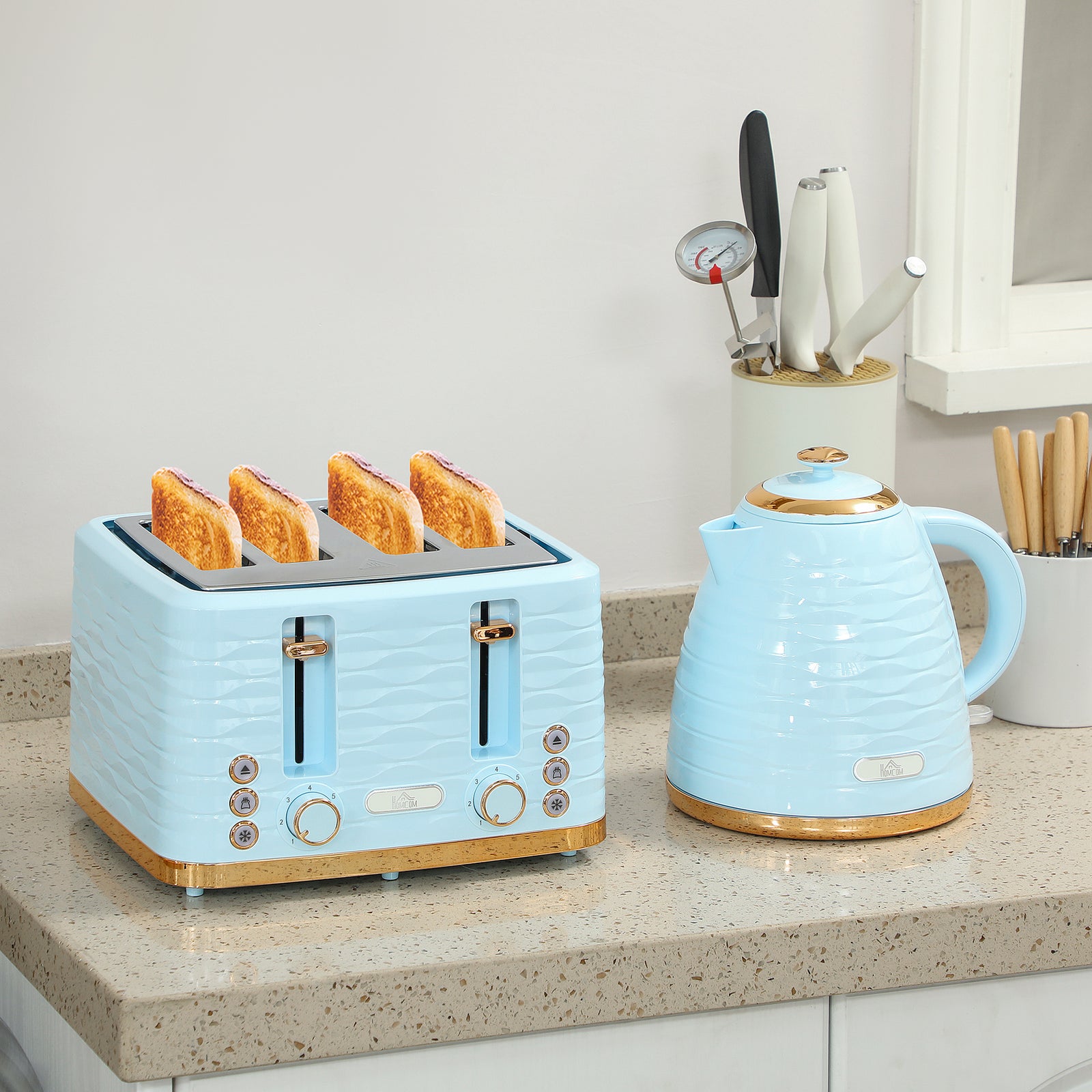 3000W 1.7L Kettle & 4 Slice Toaster, Kettle and Toaster Set with 7 Browning Controls and Crumb Tray, Light Blue