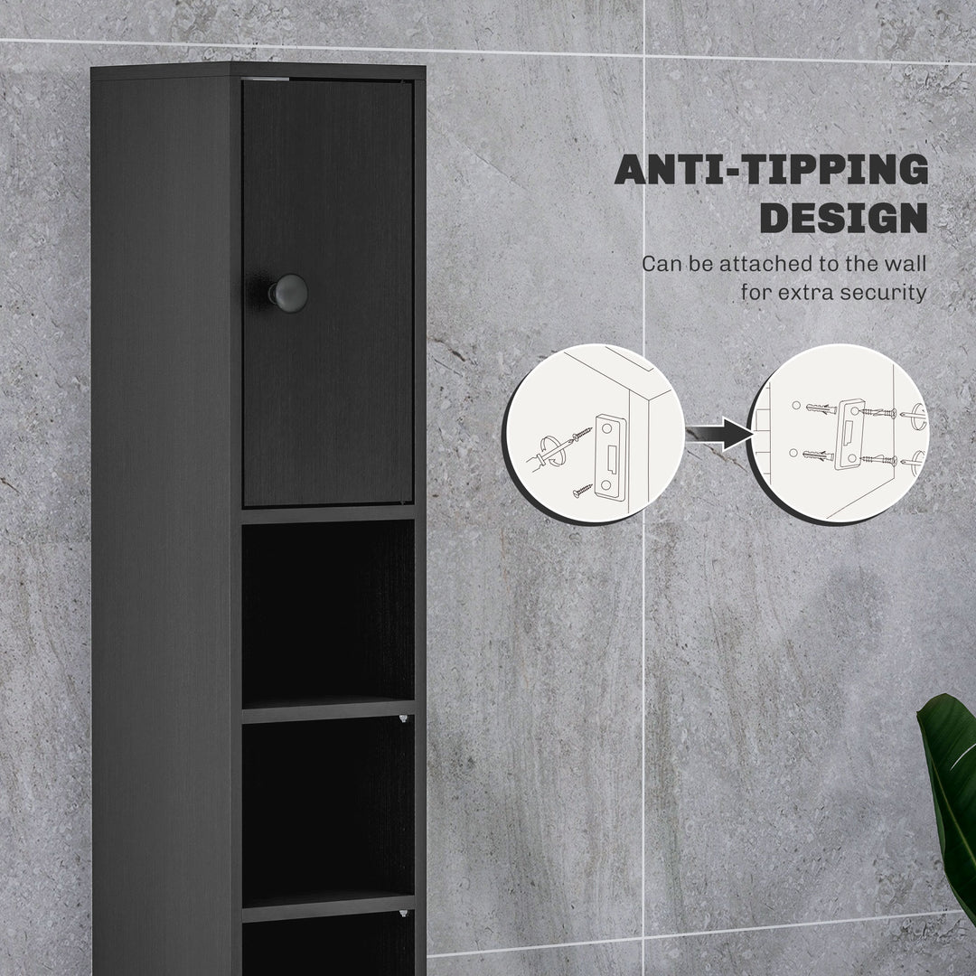 180cm Slim Bathroom Cabinet, with Drawer, Shelves and Cupboards - Black