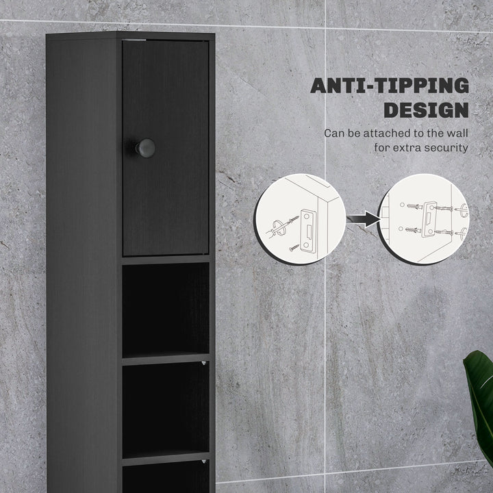 180cm Slim Bathroom Cabinet, with Drawer, Shelves and Cupboards - Black