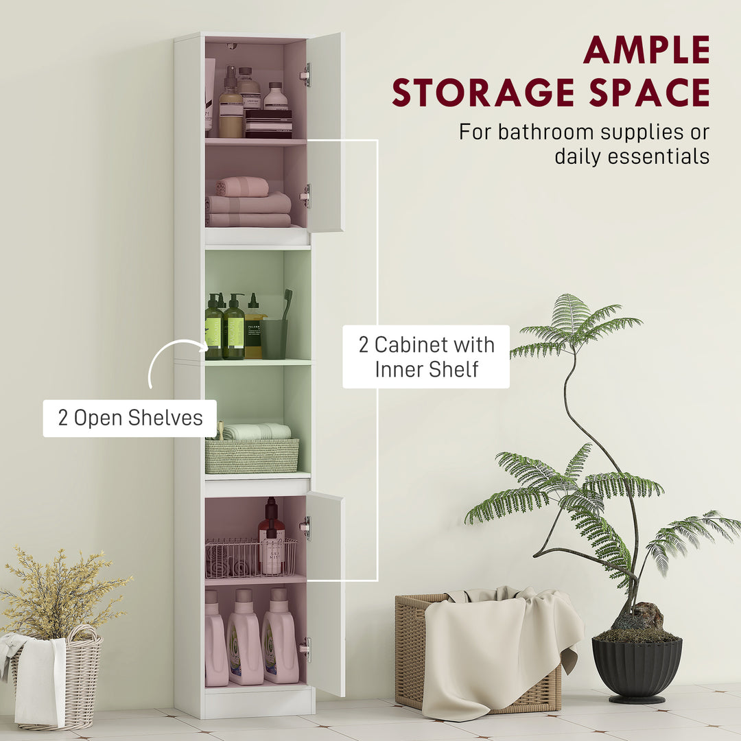 Narrow Bathroom Cabinet, Slim Bathroom Storage Unit with Open Compartment, Freestanding Storage Cupboard with Adjustable Shelves for Small Spaces, 30 x 24 x 170 cm, White