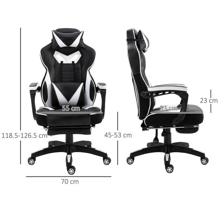 Computer Gaming Chair, Racing Desk Chair with Lumbar Support and Footrest, PU Leather Gamer Chair with Headrest and Swivel Wheels for Home, White