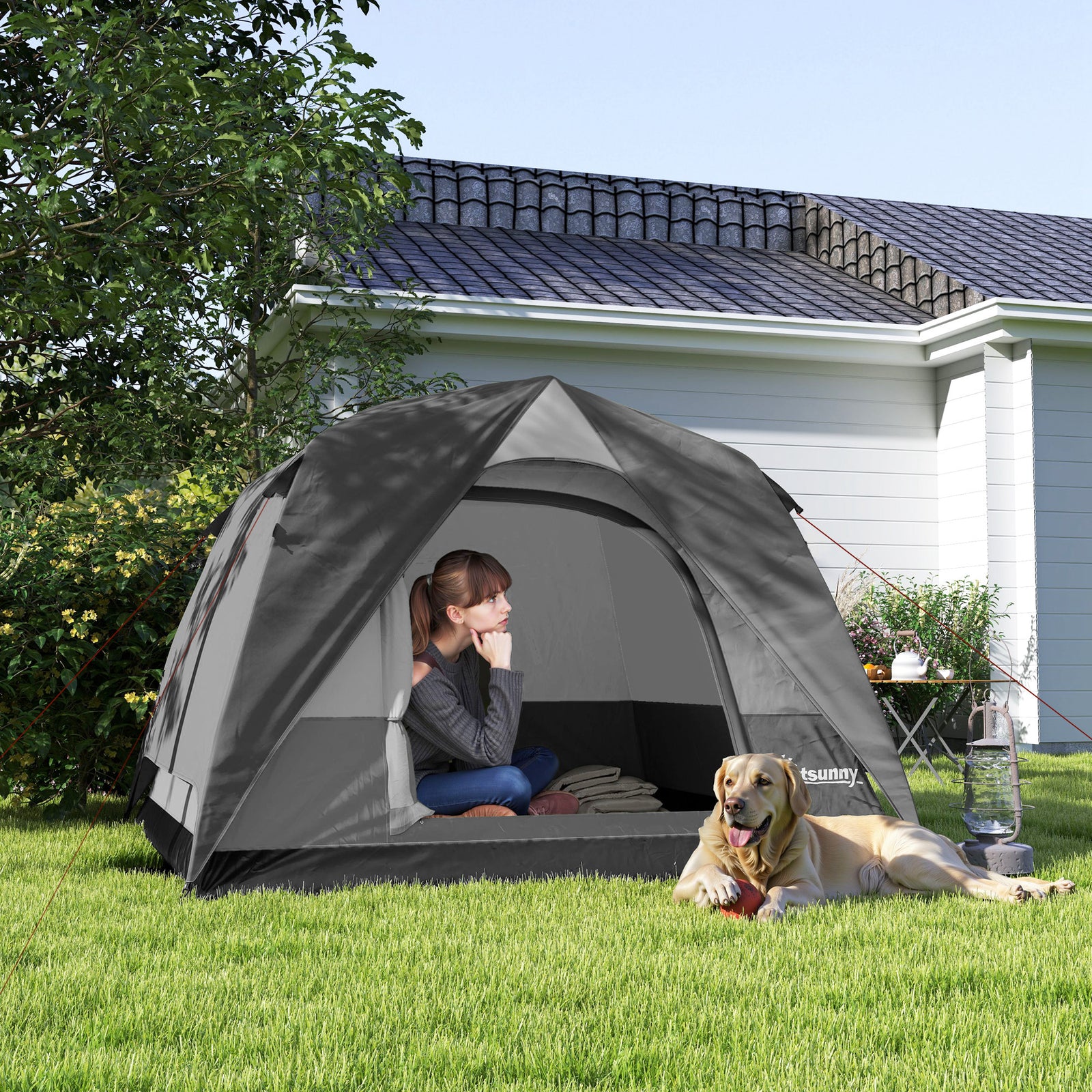 3-4 Person Camping Tent, Easy Set Up 3-4 Man Tent w/ Sewn-in Groundshe