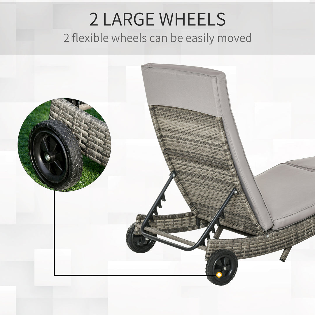 Patio Wicker Chaise Lounge Chair, Outdoor PE Rattan Sun Lounger with Adjustable Backrest and 2 Wheels, Grey
