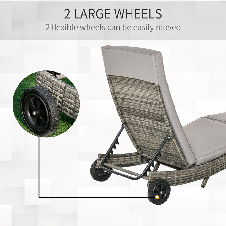 Patio Wicker Chaise Lounge Chair, Outdoor PE Rattan Sun Lounger with Adjustable Backrest and 2 Wheels, Grey