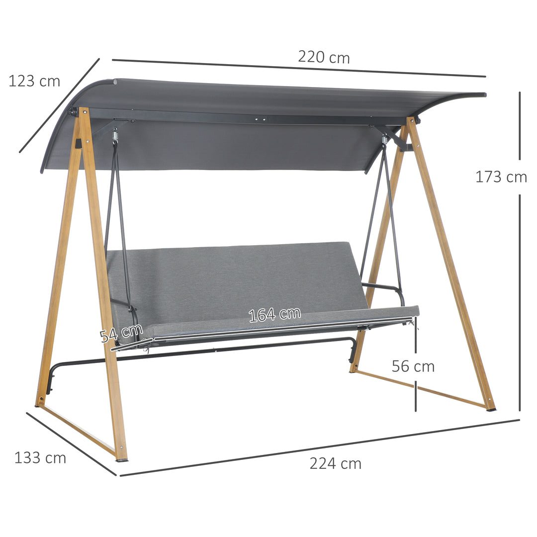 3 Seater Swing Chair, Garden Swing Bench with Adjustable Canopy, Cushioned Seat and Weather Resistant Steel Frame for Patio, Yard