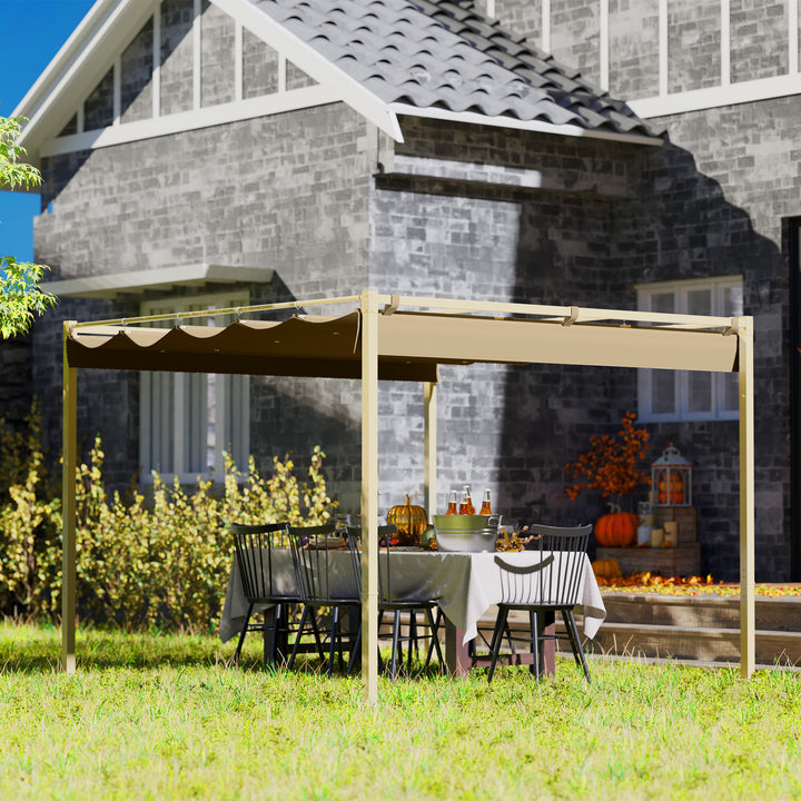 Outsunny 3 x 3(m) Garden Pergola with Retractable Roof and Magnetic Fixture, Outdoor Gazebo Pergola Kit Sun Shade Canopy, UPF30+, Khaki