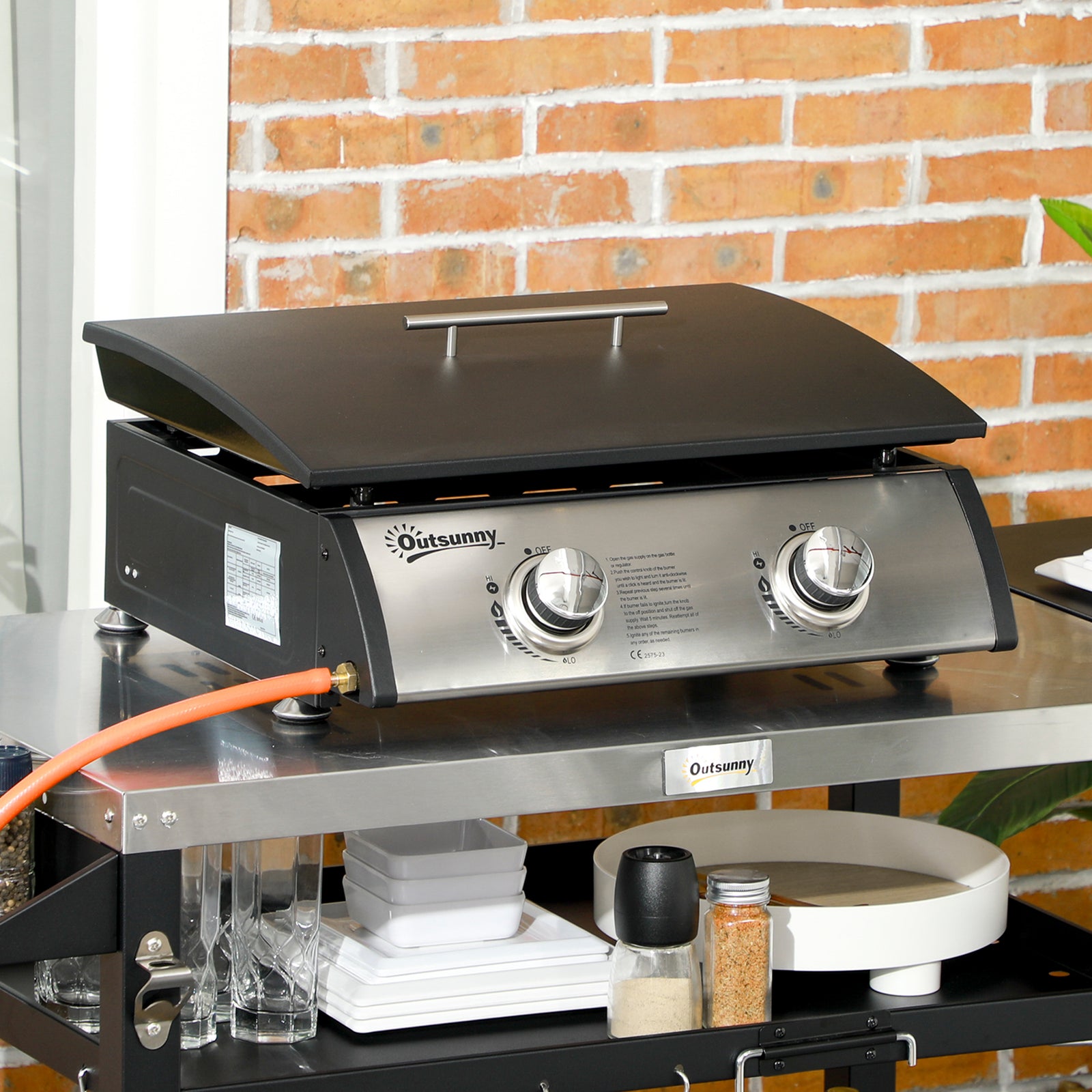 Portable Tabletop Gas Plancha Grill w/ 2 Stainless Steel Burner, 10kW, Non-Stick Griddle for BBQ Camping Picnic Party