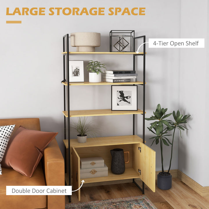 HOMCOM Industrial Bookshelf 4-Tier Shelving with Double Door Cabinet and Metal Frame for Living Room, Bedroom, Oak Tone