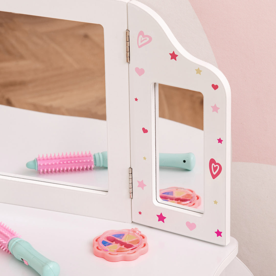 Kids Vanity Table and Chair Set with Tri-Folding Mirror and Stool, Makeup Dressing Table with Drawer, White