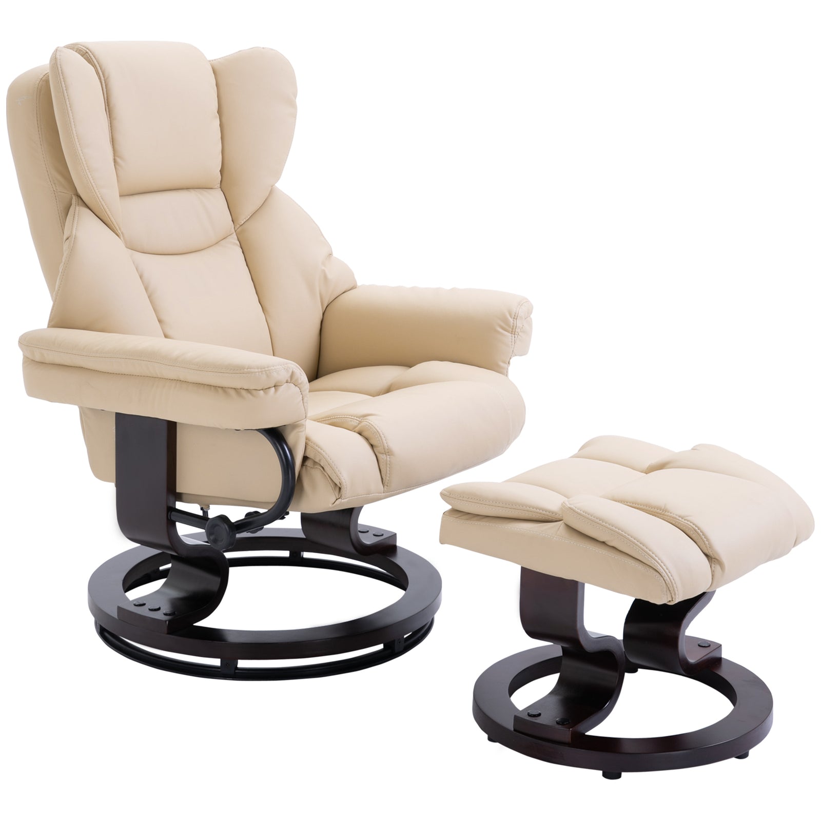 360° Swivel Recliner Chair with Footstool, PU Leather Manual Recliner Armchair with Solid Wood Base, Upholstered Reclining Chair for Living Room, Bedroom, Office, Cream