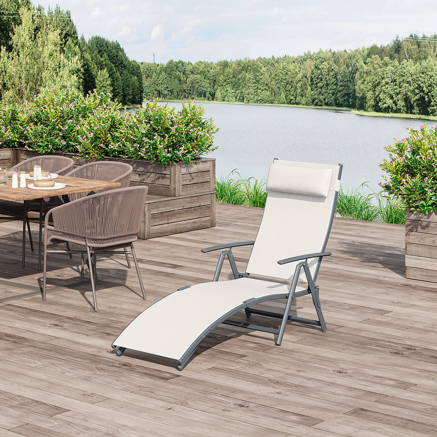 Sun Lounger Steel Frame Outdoor Folding Chaise Texteline Lounge Chair Recliner with Headrest & 7 Levels Adjustable Backrest, Cream White