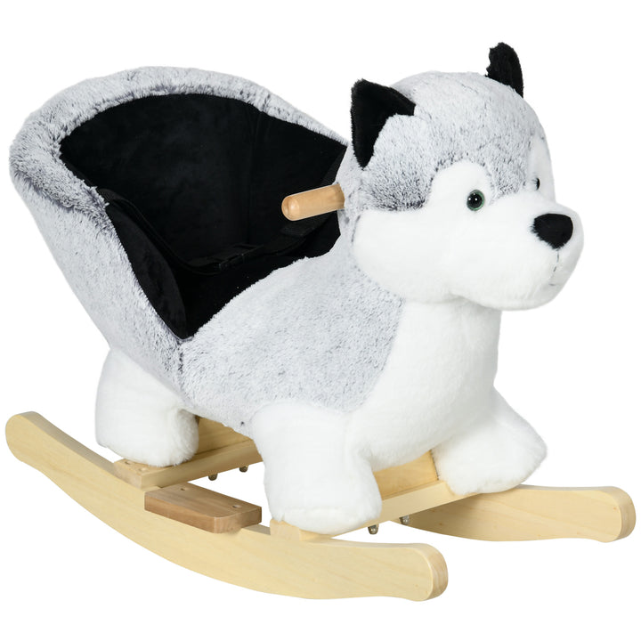 HOMCOM Baby Rocking Horse, Husky-shaped Plush Wooden Child Rocking Animal w/ Seat Belt, Ride on Toy for Kids 18-36 Months, Grey | Aosom UK