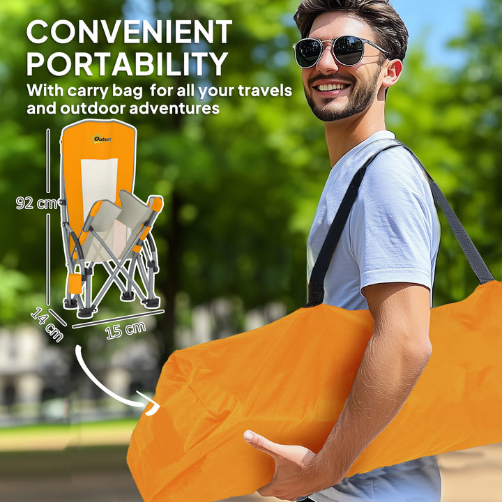 Set of 2 Folding Beach Chair, Low Camping Chair with Mesh Back, Carry Bag and Cup Holder for Garden Outdoor Picnic Festival Travel, Orange