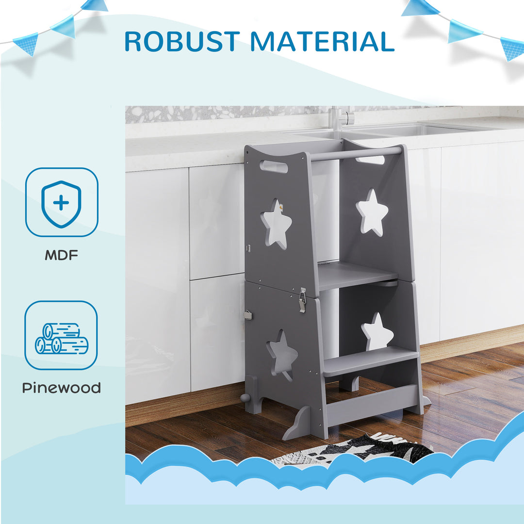 2-in-1 Toddler Step Stool with Safety Rail for Kitchen, Bathroom, Grey