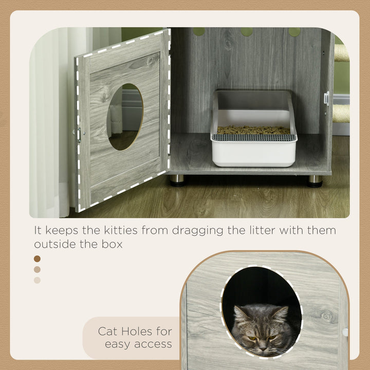 Enclosed Cat Litter Box with Cat House, Cat Bed, Scratching Posts, Platforms, for Indoor Cats - Grey