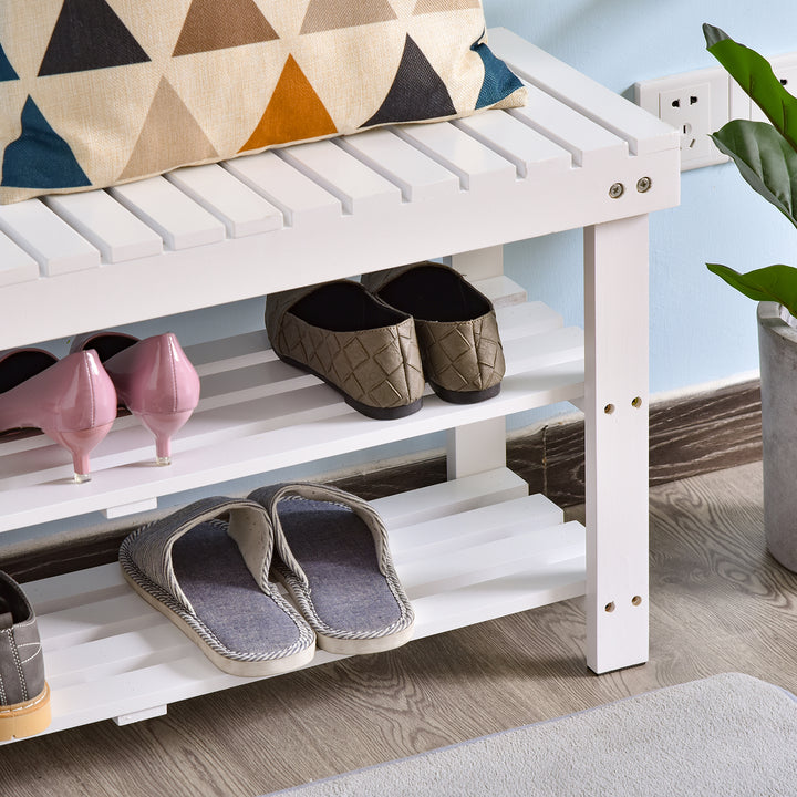 Shoe Bench, 3-Tier Wooden Shoe Rack with Hidden Storage Compartment, Slatted Shelves, Home Storage Unit, Hallway Furniture, White, 90L x 29W x45H cm