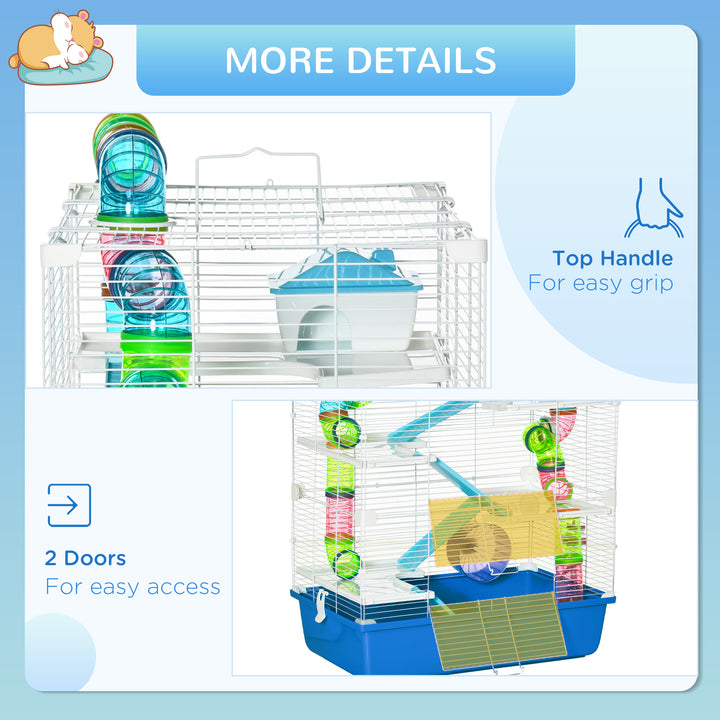 PawHut Large Hamster Cage, 5-Level Gerbil Haven, Small Rodent House, Tunnel Tube System, with Water Bottle, Exercise Wheel, Ramps, 59x36x 69 cm Blue