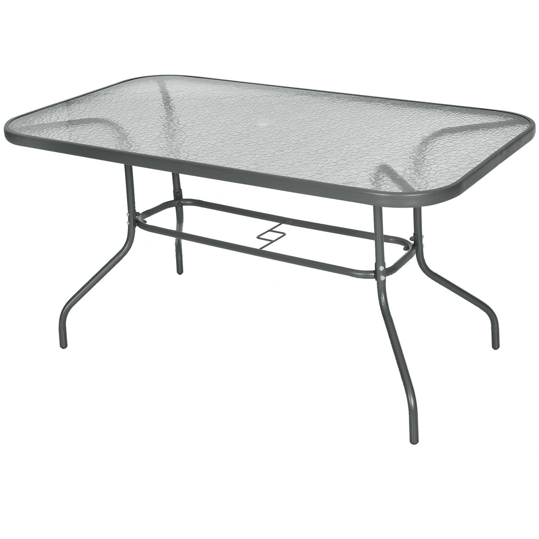 Garden Dining Table Glass Top Metal Frame with Parasol Hole Outdoor Balcony Grey 140L x 80Wcm