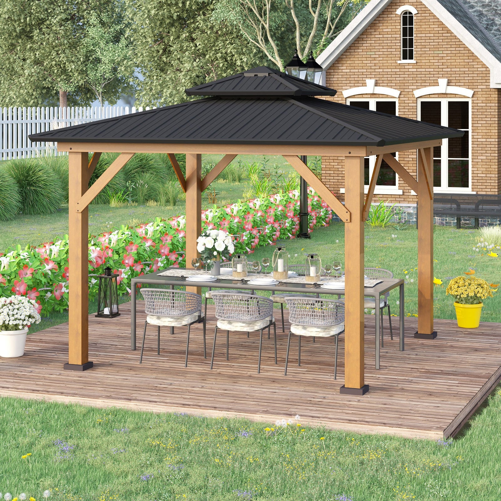 3.5 x 3.5m Outdoor Hardtop Gazebo Canopy with Two-tier Metal Roof and Solid Wood Frame Outdoor Patio Shelter for Patio, Garden, Black