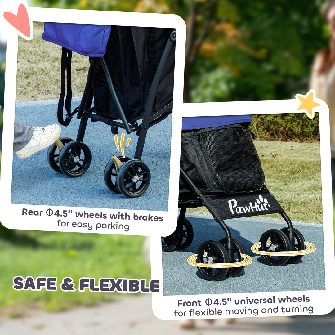 Foldable Dog Stroller, Lightweight Dog Pram w/ Shoulder Strap, Storage Bag, Cup Holder, Dark Blue