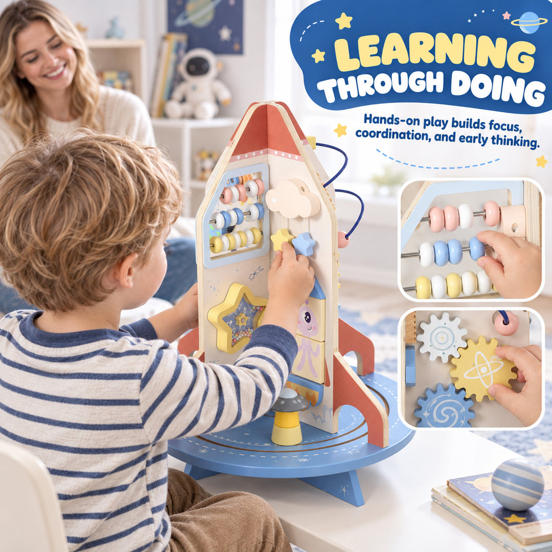 Wooden Activity Cube, Rocket Theme Educational Toys with Shape Sorter - view 6