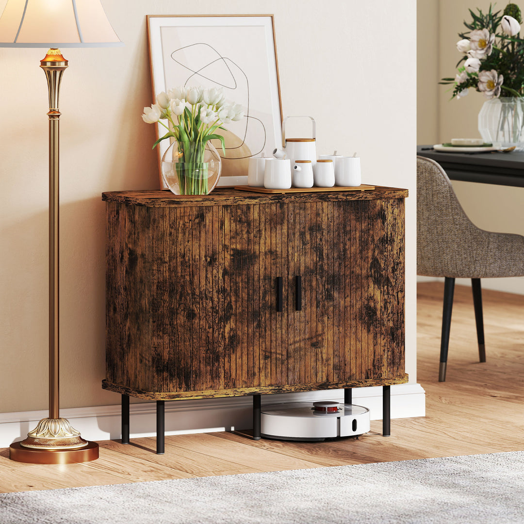 Mid-Century Modern Sideboard Storage Cabinet with Slatted Tambour Sliding Doors, Kitchen Cabinet with Steel Legs, Rustic Brown