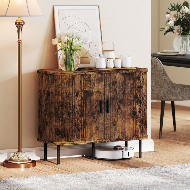 Mid-Century Modern Sideboard Storage Cabinet with Slatted Tambour Sliding Doors, Kitchen Cabinet with Steel Legs, Rustic Brown