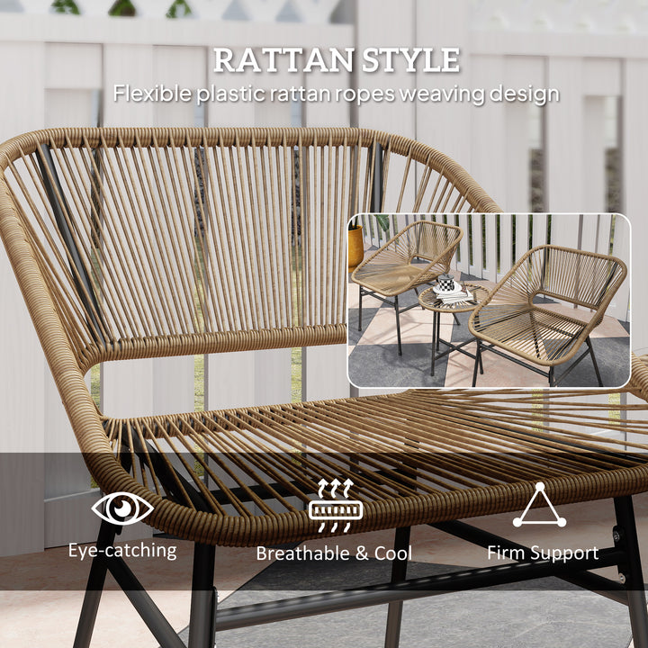 3 Pieces Rattan Bistro Set, Wicker Small Garden Table and Chairs Set with Cushions and Glass Top Coffee Table, Bistro Garden Furniture Set for Outdoor, Patio, Balcony, Natural