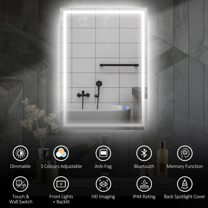 50 x 70 cm Anti-Fog LED Bathroom Mirror, with Bluetooth - Silver Tone