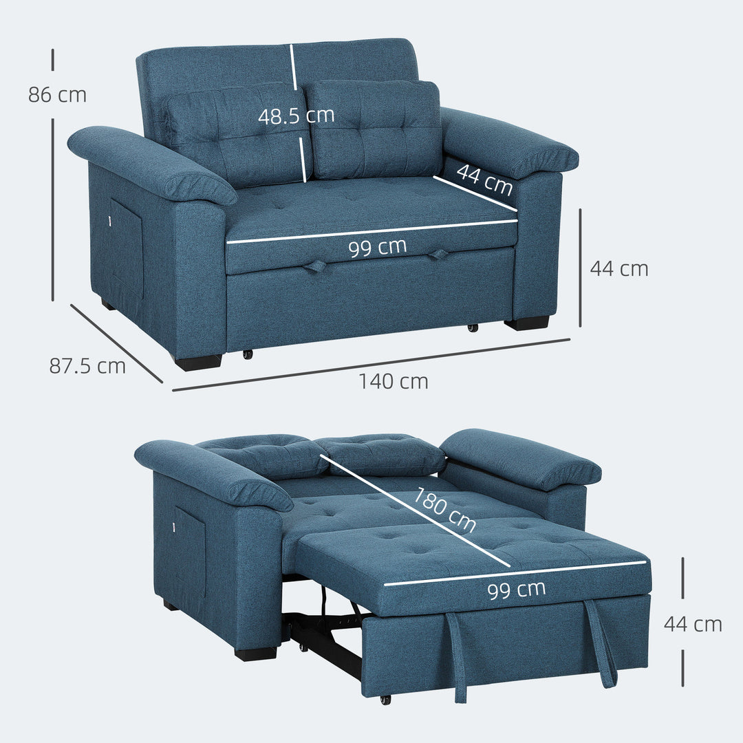 Pull Out Sofa Bed, Fabric 2 Seater Click Clack Sofa Bed Settee with 2 Pocket Springs, Convertible Sofa Couch with Pillows and Side Pockets for Living Room, Home Office, Blue