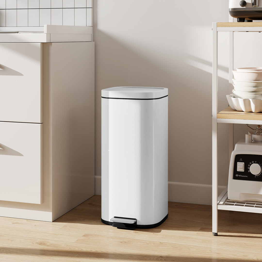 MCL 30L Kitchen Bin, Compact Pedal Bin with Soft-Close and Stay-Open Lid, Removable Bucket for Kitchen, Home, Office, White