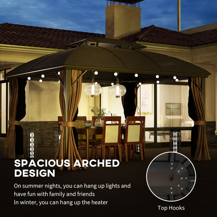 3.65 x 3(m) Hardtop Steel Gazebo Canopy with Aluminium Frame, Double Roof, Net Sidewalls and Curtains, Coffee
