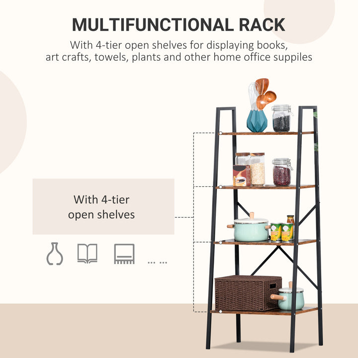 Ladder Shelf, Bookshelf, 4-Tier Industrial Storage Rack for Living Room, Bedroom, Kitchen, Rustic Brown and Black