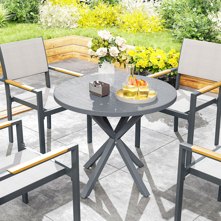 Garden Table, 85cm Round Outdoor Dining Table with Steel Frame, Wood Effect Top, for Balcony, Deck, Dark Grey