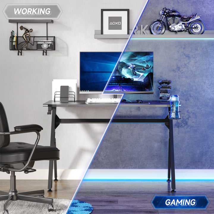 MCL RGB 120 x 66cm Gaming Desk, Computer Table with Carbon Fibre Surface, Headphone Hook, Cup Holder, Controller Rack, Home Office Desk, Black