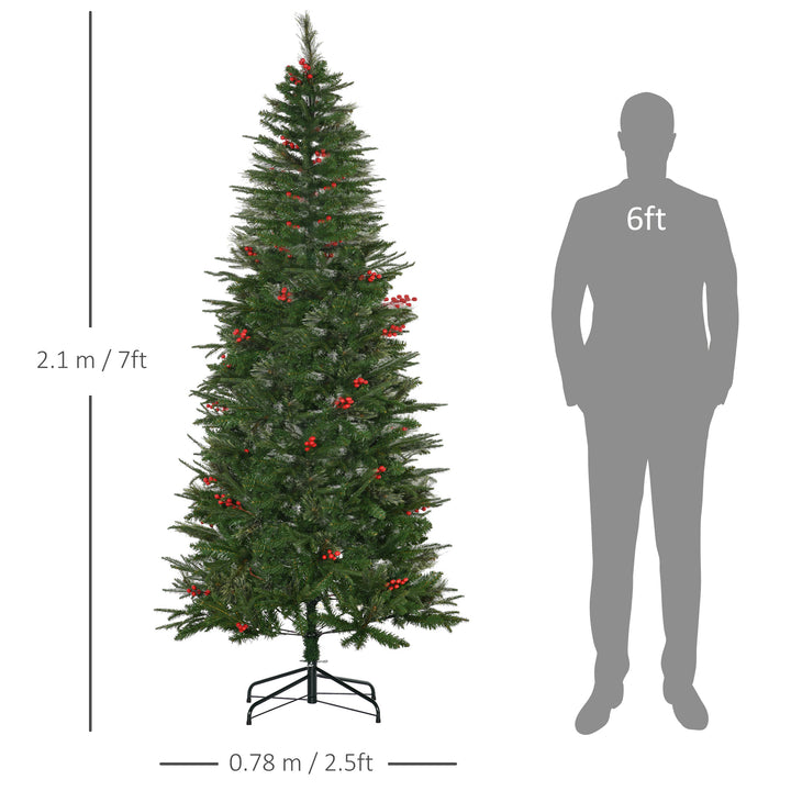 MCL 7ft Pencil Artificial Christmas Tree with Realistic Branches, Red Berries, Auto Open, Green