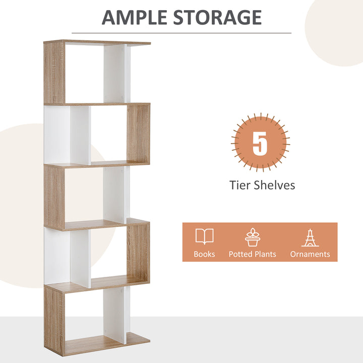 MCL Bookcase, S-Shaped Wooden Bookshelf, 5/6 Tiers Freestanding Storage Shelf, Home Office Decorative Display Stand Rack, Oak and White, 24D x 60W x 184.5H