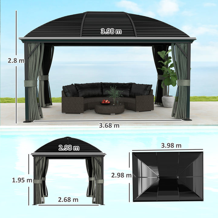 3 x 4m Hardtop Gazebo Canopy with Metal Roof, Aluminium Gazebo Permanent Pavilion with Netting and Curtains, Dark Grey