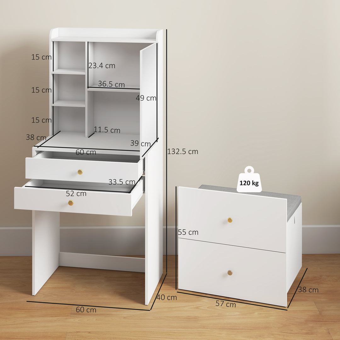 Dressing Table with Mirror and Mobile Storage Stool, Compact Vanity Ta