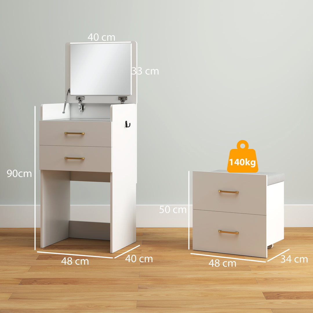 3 in 1 Dressing Table with Flip-top Mirror and Rolling Stool, Modern Vanity Desk with Visible Glass Tabletop, Drawers and Side Hook, Makeup Table with Cushioned Storage Stool for Bedroom, White