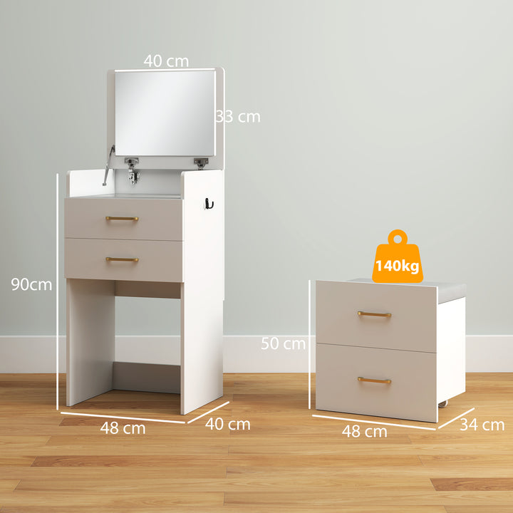 3 in 1 Dressing Table with Flip-top Mirror and Rolling Stool, Modern Vanity Desk with Visible Glass Tabletop, Drawers and Side Hook, Makeup Table with Cushioned Storage Stool for Bedroom, White